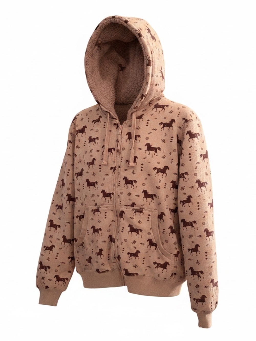 Blue Mountain Pink Horse-Print Sherpa Lined Zip Hoodie ladies small like new